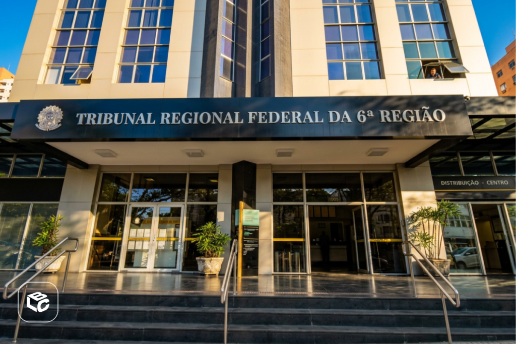 Prédio do TRF com fachada logo a frente